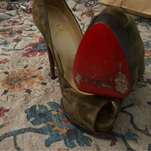 Christian Louboutin Olive Peep Toe Heels with Signature Red Soles